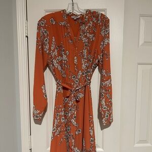 Nanette Lepore Burnt Orange Floral Belted Long Sleeve Dress Size 10 Designer!
